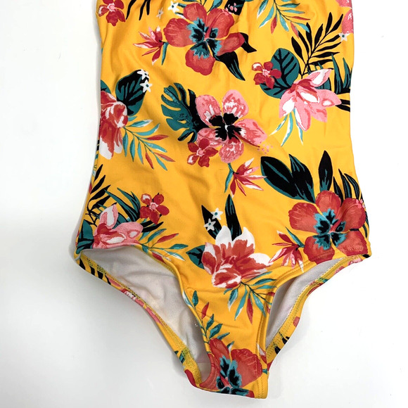 Kanu Surf Girls One Piece Swimsuit Size 6 Yellow Floral Crisscross Straps Tropic - Picture 3 of 9